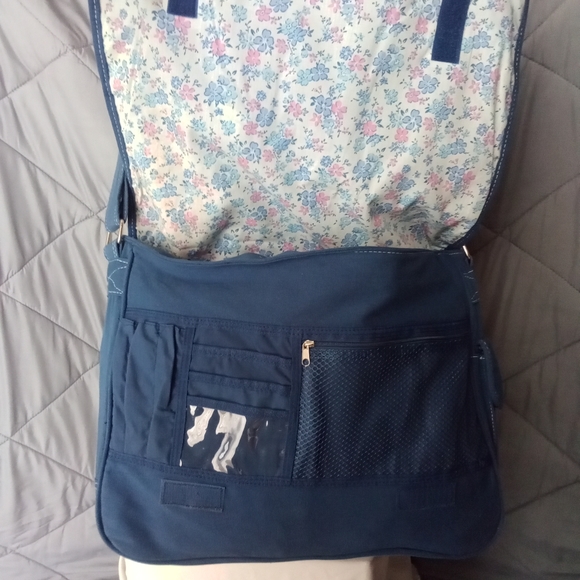 Women's Blue Satchel Crossbody Utility Bag with Blue & Pink Floral Design Lining - Picture 8 of 13